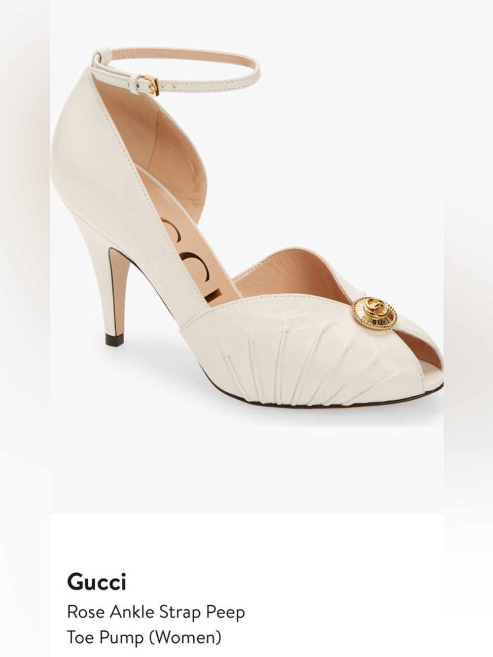 Gucci Ivory Peep-Toe Ankle-Strap Heels with Gold Medallion - Picture 2 of 10